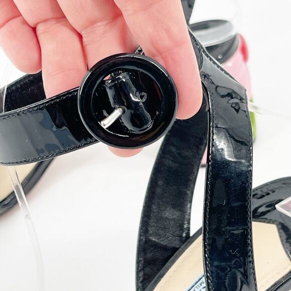 Prada Black Patent Leather Ankle Strap Flower Block Heel Sandal size IT 40 - Picture 9 of 12